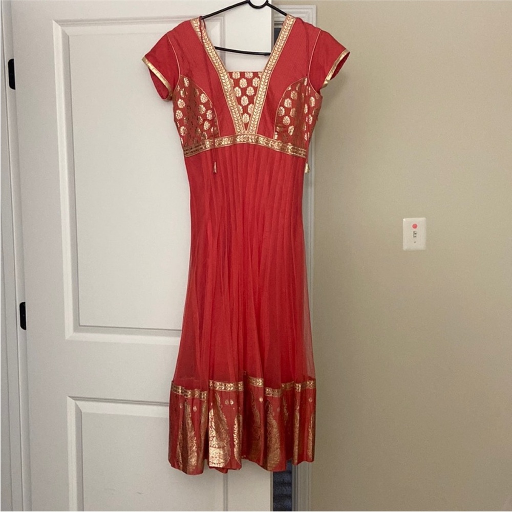 Peach anarkali dress with gold print
Size: S